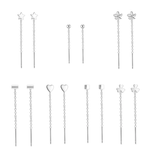 Set of 7 pairs of minimalist S925 sterling silver threader earrings with geometric charms