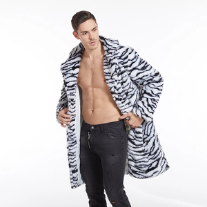 Men's luxury long faux fur coat with black and white zebra pattern and lapel collar