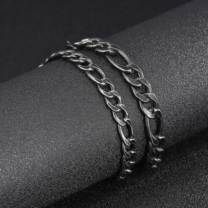 Retro gunmetal gray stainless steel curb and figaro chain bracelets for men and women