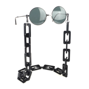 Black chunky acrylic rectangular link eyewear chain with metal frame sunglasses on white backdrop