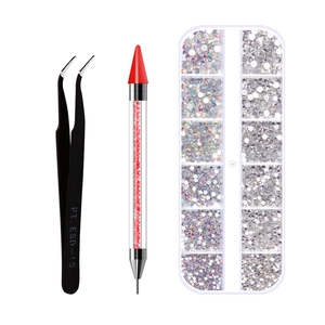 Nail art dotting pen met wastip, zwarte pincet en zilveren strass-steentjes kit