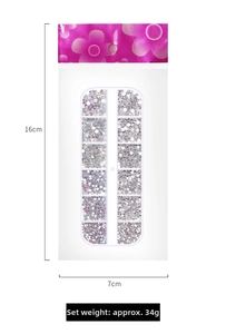 Front view of nail art rhinestone kit in pink floral bag with size dimensions