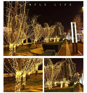 Outdoor waterproof warm white LED string lights wrapping garden trees for cozy night ambiance