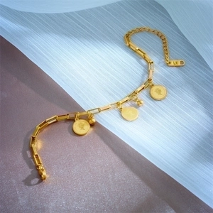Gold titanium steel bracelet with Elizabeth II coin pendant and paperclip chain
