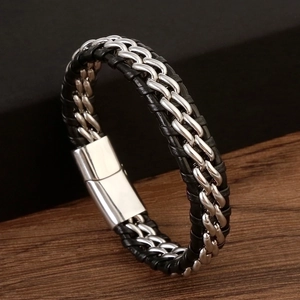 Men Bracelet Woven Leather And Stainless Steel Cuban Chain With Magnetic Clasp Punk Industrial Style Jewelry Gift