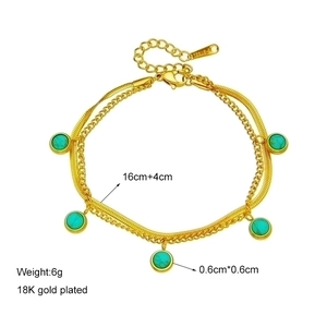 Double-layer 18K gold plated stainless steel bracelet with five round turquoise stones