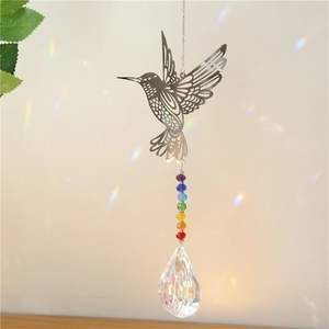 Metal hummingbird suncatcher with rainbow crystal beads and faceted prism pendant