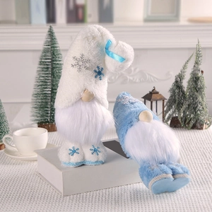 Standing snowflake Christmas gnome plush doll set with blue knitted hats for festive decor