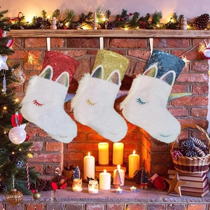 Unicorn Christmas Stocking White Plush With Colorful Sequins Cuffs Reusable Holiday Hanging Gift Bag Home Decor