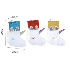 Detailed size view of Christmas unicorn stocking, height 43cm, width 20-27cm, holiday decor