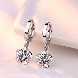 Silver flower drop earrings with clear zircon stones and leverback design for women