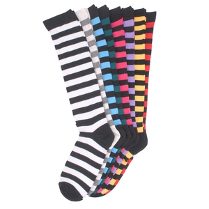 Set of eight colorful striped knee-high socks in a fan-shaped arrangement for women