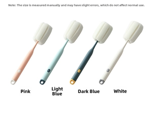 Detailed set of four colorful sponge cleaning brushes with long ergonomic handles and hooks