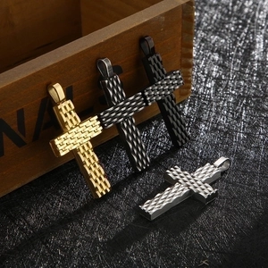 Punk style stainless steel cross necklaces with diamond pattern in gold, black and silver