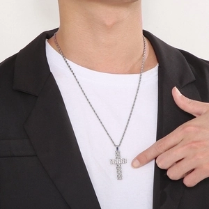 Men's punk style silver stainless steel cross pendant necklace with quilted texture