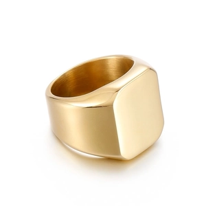 Polished gold square signet ring in stainless steel shown from a 45-degree angle