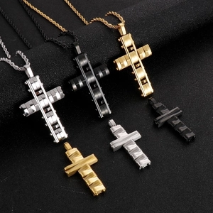 Men Cross Pendant Necklace Stainless Steel Brushed Industrial Mechanical Style Hip Hop Punk Gothic Jewelry Accessory