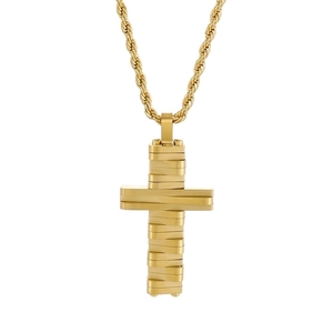 Men's gold stainless steel cross pendant with frosted texture on a rope chain