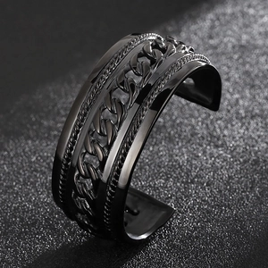 Men's retro black titanium steel open cuff bracelet with punk chain and woven texture