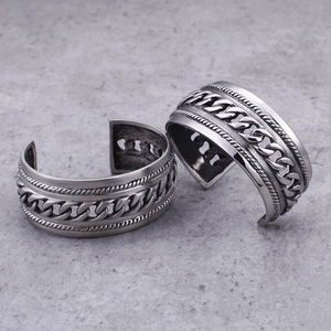 Punk style retro titanium steel chain cuff bracelets for men in silver gray finish