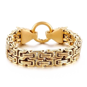 Men's gold double-layered emperor chain bracelet featuring detailed twin lion heads