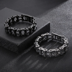 Detail of 18mm titanium steel bicycle chain bracelets in black and gunmetal finishes