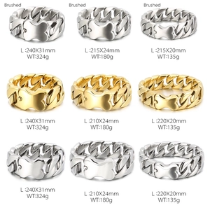 Size chart showing gold and silver stainless steel Cuban links with width and weight specs