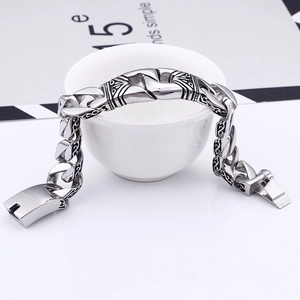 Gothic vintage silver stainless steel bracelet with engraved patterns and clasp closure