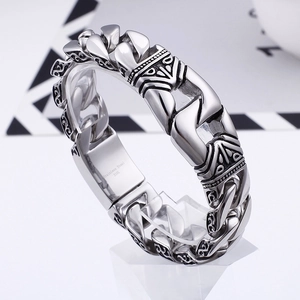 Retro punk 316L stainless steel chunky chain bracelet with vintage engraved patterns