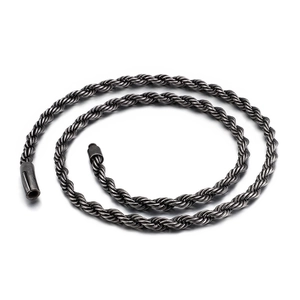 Polished black twisted rope chain necklace with a metallic finish and secure lobster clasp