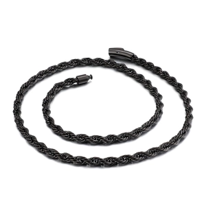 Polished black rope chain necklace with cylindrical clasp on a white background