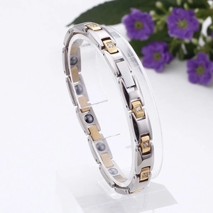 Two-tone stainless steel magnetic therapy bracelet with cubic zirconia for men and women