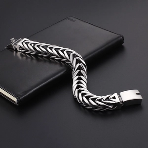 Men's bold V-shaped double-layer stainless steel braided chain bracelet on leather
