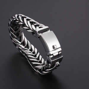 Men's bold silver titanium steel V-shape double layer woven chain bracelet with buckle