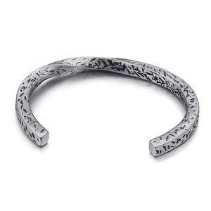 Vintage silver-tone stainless steel open cuff bracelet with rustic hammered texture for men
