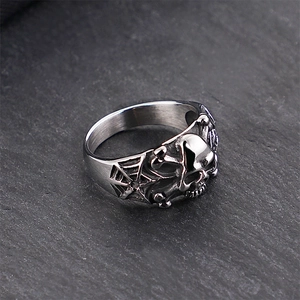 Herren-Ring aus Titanstahl im Punk-Stil mit Totenkopf- und Spinnennetz-Prägung in Silber