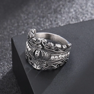 Macro view of retro crown ring in antique silver with cubic zirconia stone details