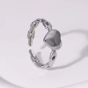 Adjustable silver heart ring with chain design band in polished stainless steel for women