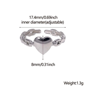 Silver heart open ring with 17.4mm adjustable inner diameter and minimalist metal band