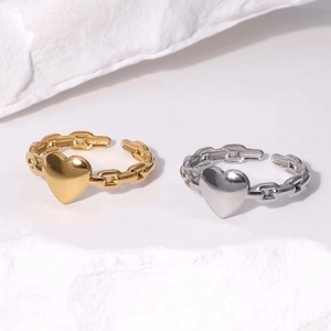 Sweet minimalist titanium steel heart ring with chain design in gold and silver finish