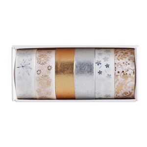 Detailed view of 6 rolls of gold and silver foil washi tape with floral patterns