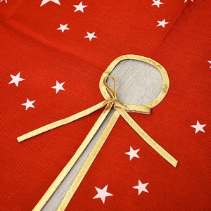 96cm Red Burlap Christmas Tree Skirt with White Stars and Golden Satin Bow Tie Decor