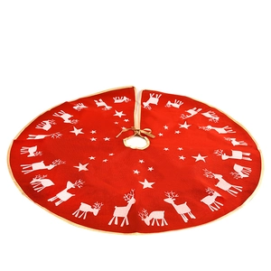 96cm red Christmas tree skirt with white reindeer pattern and golden trim border