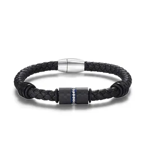 Men Braided Leather Bracelet With Stainless Steel Magnetic Clasp Carbon Fiber Texture Blue Zirconia Inlaid Fashion Jewelry