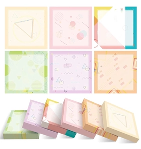 Top and side view of six square sticky notes with colorful geometric pastel patterns