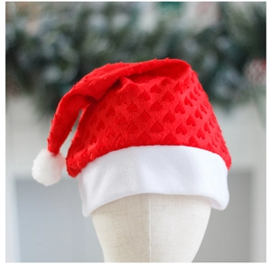 Detail of red Christmas hat featuring embossed heart patterns and white plush trim
