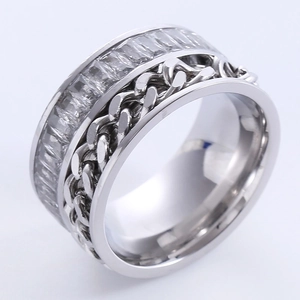 Punk style silver chain ring featuring rectangular cubic zirconia in a bold band design
