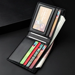 Slim black leather bifold wallet for men featuring multiple card slots and ID window