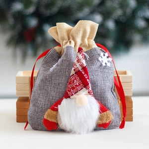Christmas burlap drawstring gift bag with 3D forest gnome and snowflake decoration