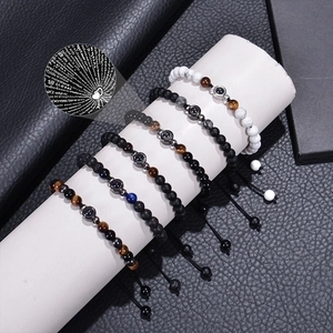 Handmade woven couple bracelets with natural stones and 100 languages projection charm